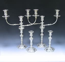 A Suite of George III Antique Silver  three light Candelabra and pair of Candlesticks 1