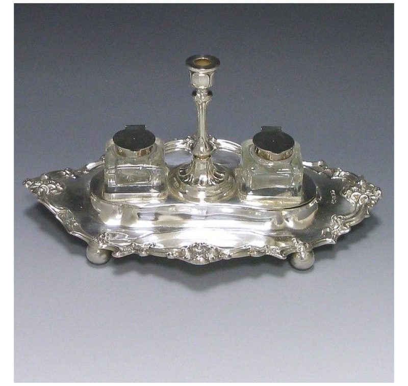 Antique Silver Victorian Inkstand & Inkwell made in 1889