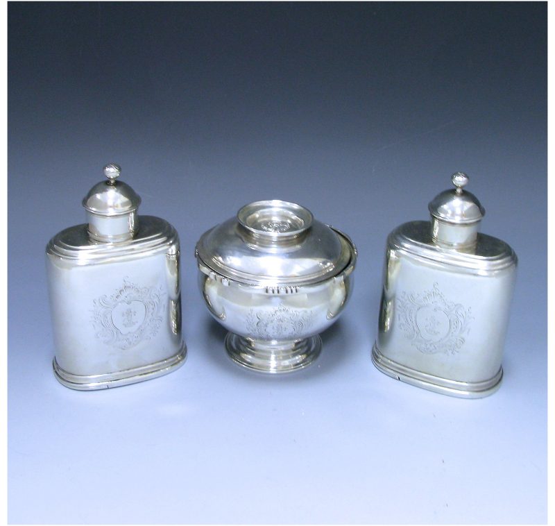 Antique Silver George II Covered Sugar Bowl & Tea Caddies made in 1747 for James Maitland, 7th Earl of Lauderdale