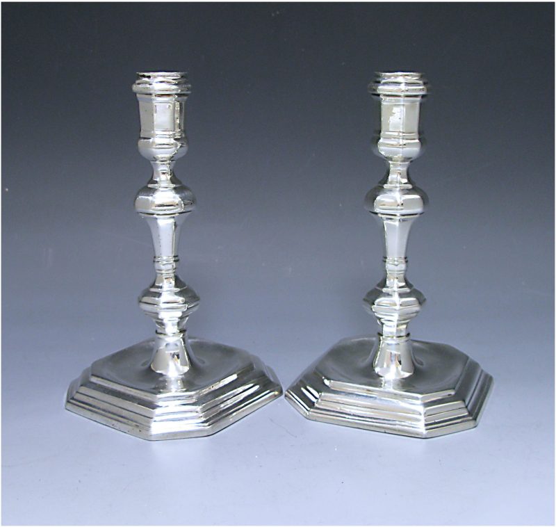 Pair of Queen Anne Antique Silver Candlesticks