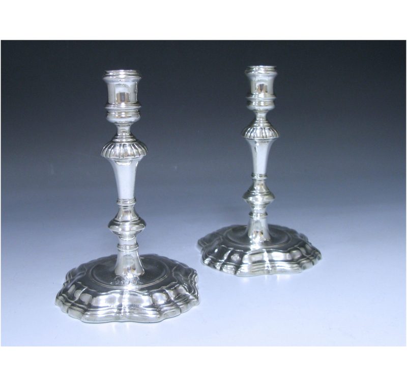 Pair of George II Antique Silver Cast Candlesticks made in 1734