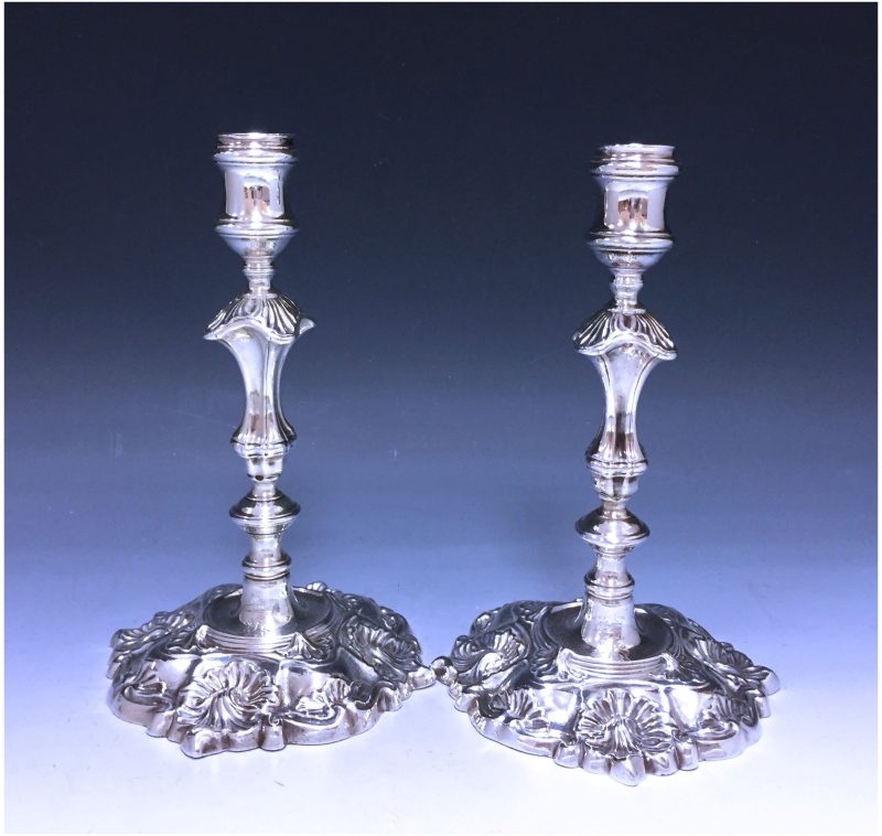 Pair of George II Antique Silver Cast Candlesticks belonging to a Viscount made in 1749