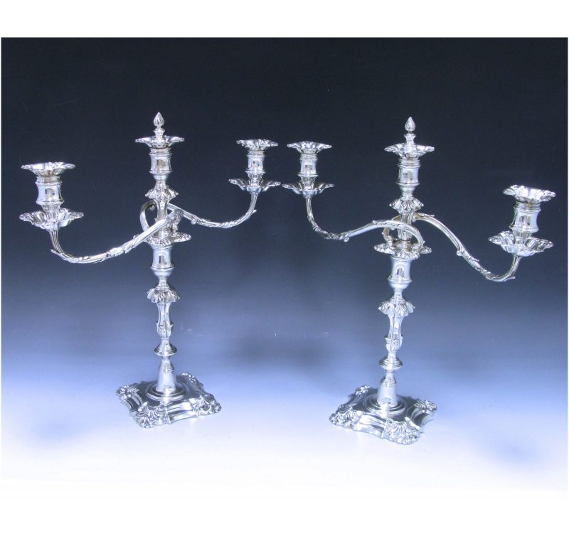 A Pair of George IV Antique Silver three light Candelabra