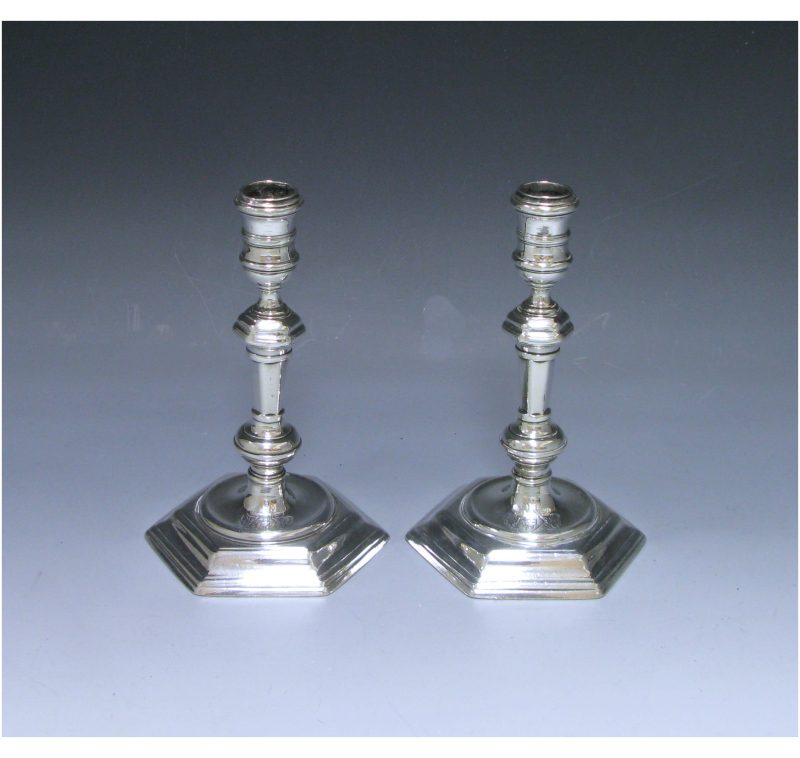 Pair of George I Antique Silver Cast Candlesticks