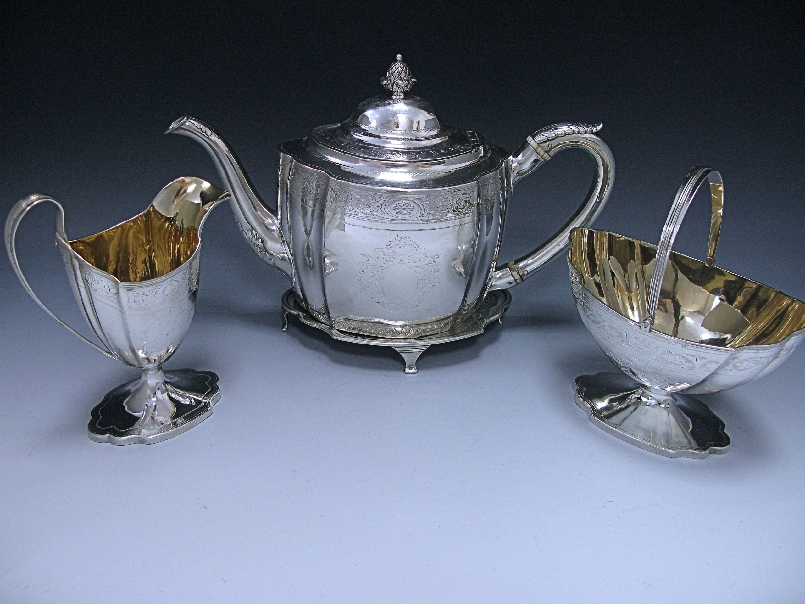 George III Antique Sterling Silver Three Piece Tea Set 1