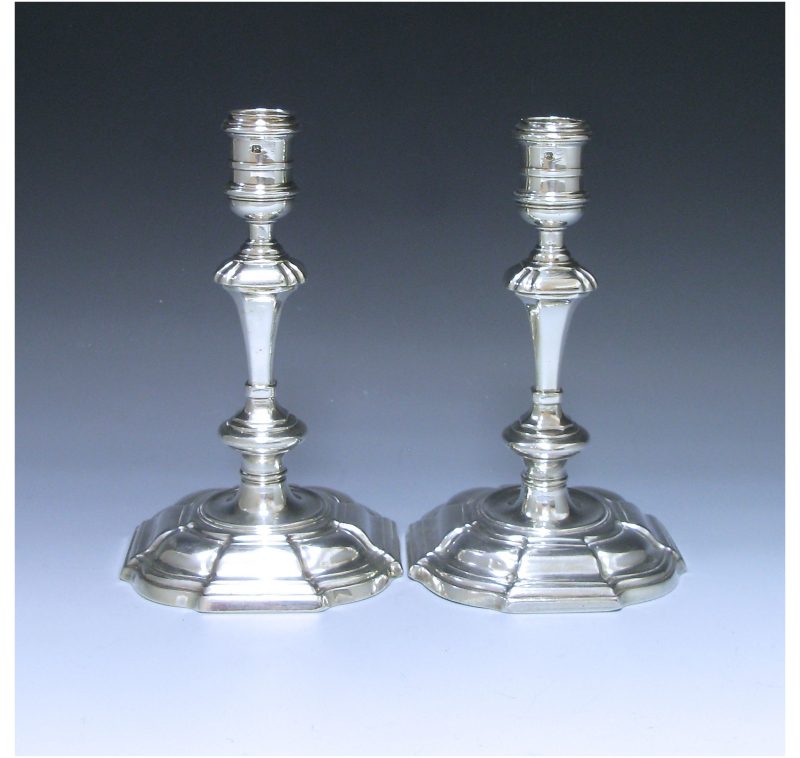 Pair of George II Antique Silver Cast Candlesticks made as a Wedding Present to the Countess of Barrymore in 1737