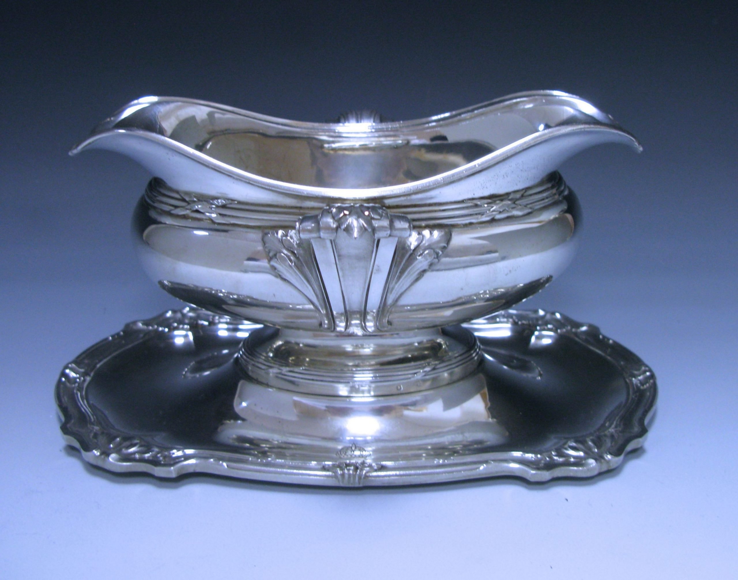 Double- Lipped Antique French Silver Sauce Boat on stand  1