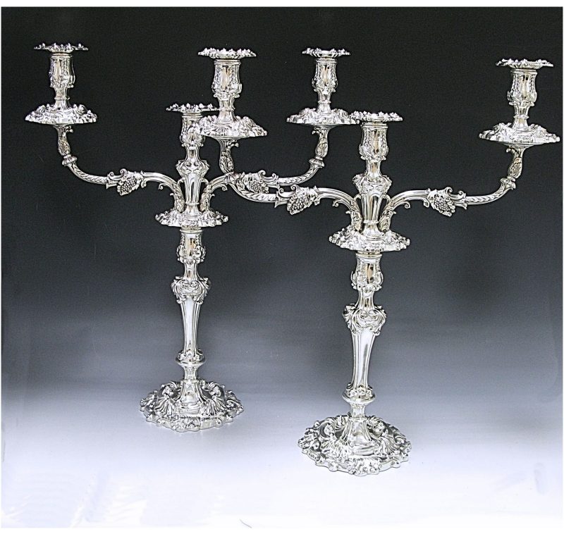 Pair of George III Antique Silver Three Light Candelabra made in 1819