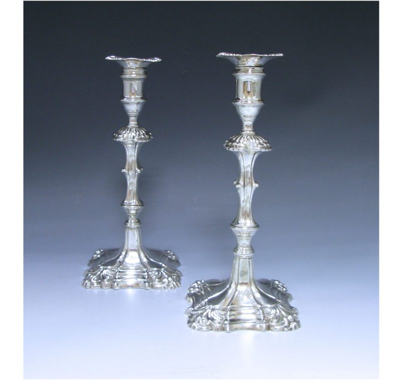 Pair of Antique Silver George II Cast Candlesticks