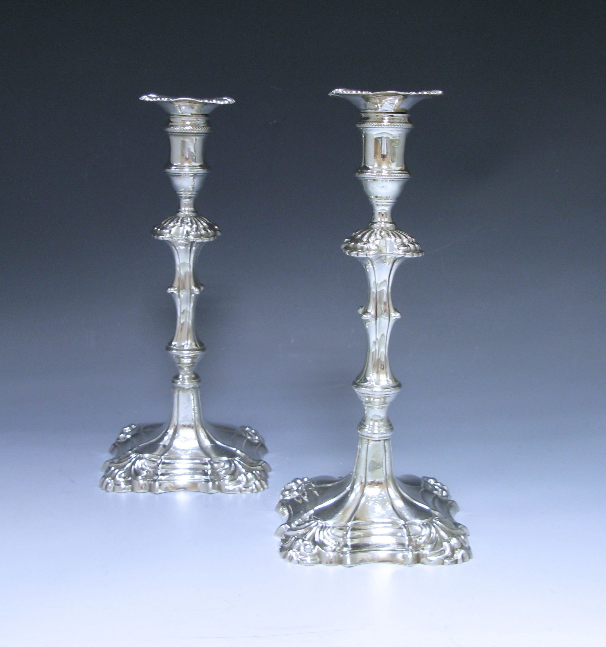 Pair of Antique Silver George II Cast Candlesticks 1