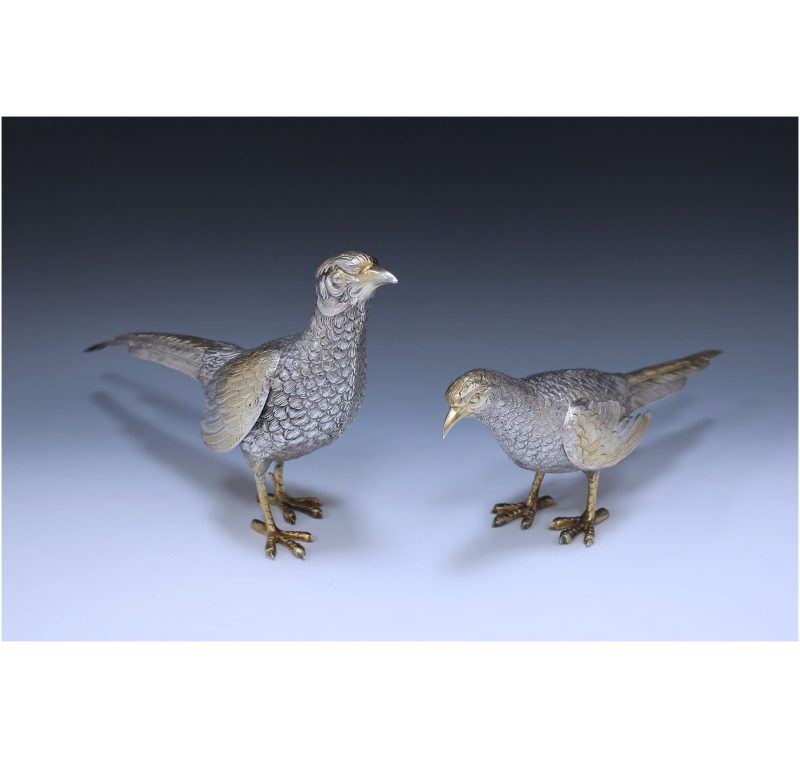 Pair of Spanish Silver & Gilt Pheasants made in c.1940