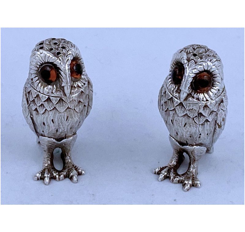 Pair of Hallmarked Silver Owl Salt & Pepper Shakers made in 1991