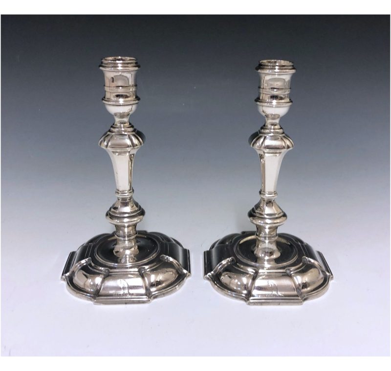 Pair of George II Antique Silver Cast Candlesticks made in 1735