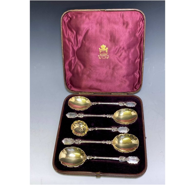 Antique Silver Victorian Fruit Servers with Sugar Sifting Spoon made in 1879