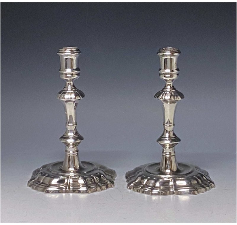 Pair of George II Antique Silver Cast Candlesticks made in 1734