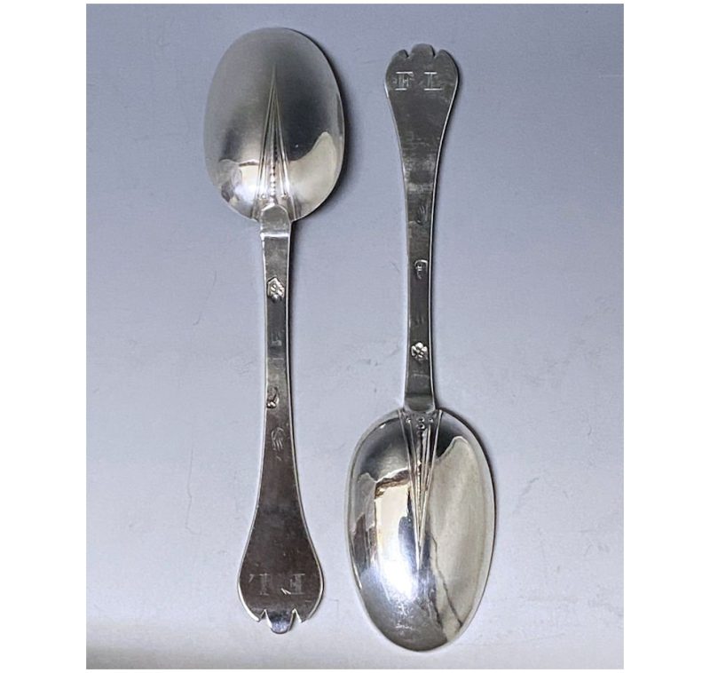 Pair of Queen Anne Antique Silver Trefid Spoons made in 1707