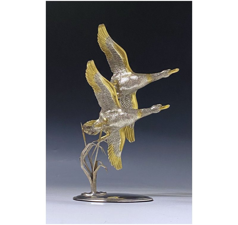 Spanish Silver Flying Ducks Sculpture Circa 1935