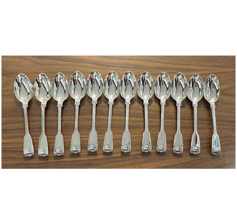 Set of 12 Antique Silver Victorian Fiddle ,Thread and Shell Pattern Dessert Spoons made in 1864