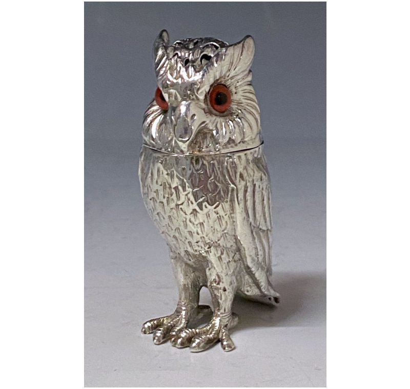 Antique Silver Victorian Owl Pepper made in 1873